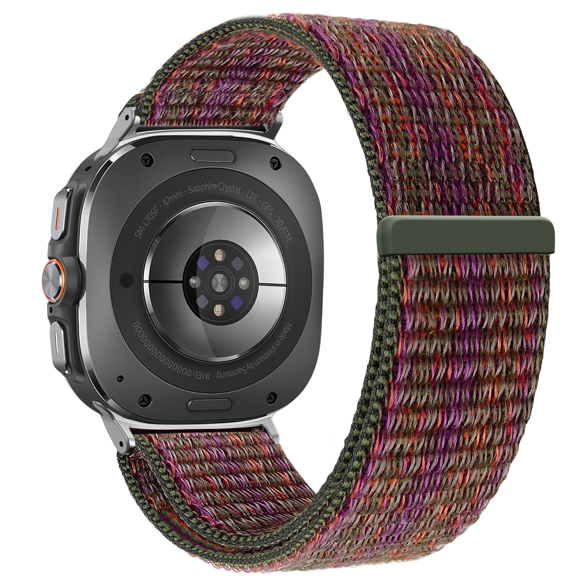 Nylon Loop Strap, green mix, on a watch, 3/4 rear view