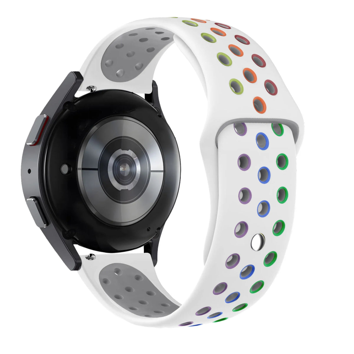 Silicone Sport Strap 'Deluxe', white/colourful, on a watch, 3/4 rear view