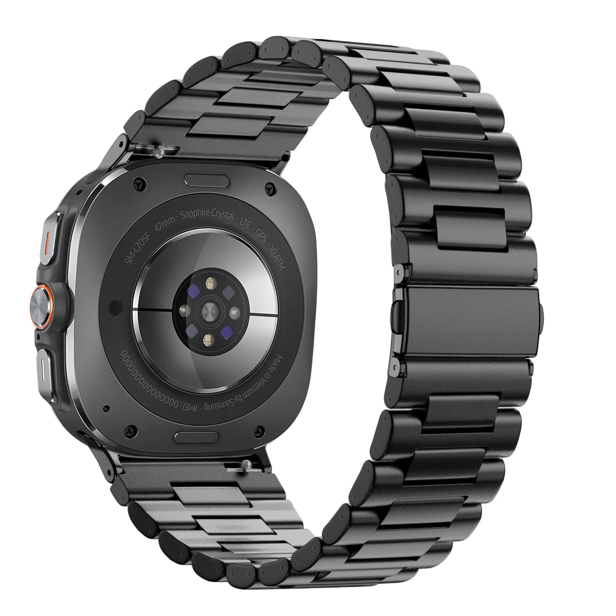 Steel Link Strap 'Deluxe', black, on a watch, 3/4 rear view
