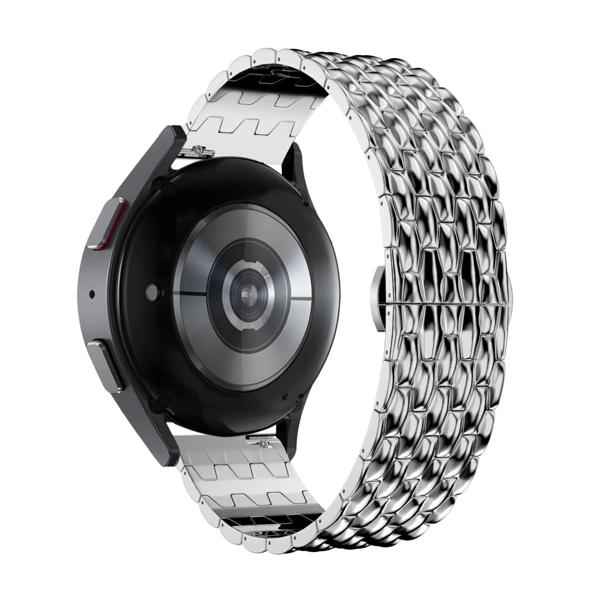 Steel Strap 'Dragon', silver, on a watch, 3/4 rear view