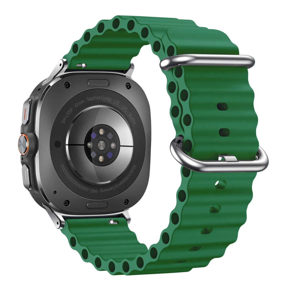 Silicone Ocean Strap 'Classic', dark green, on a watch, 3/4 rear view