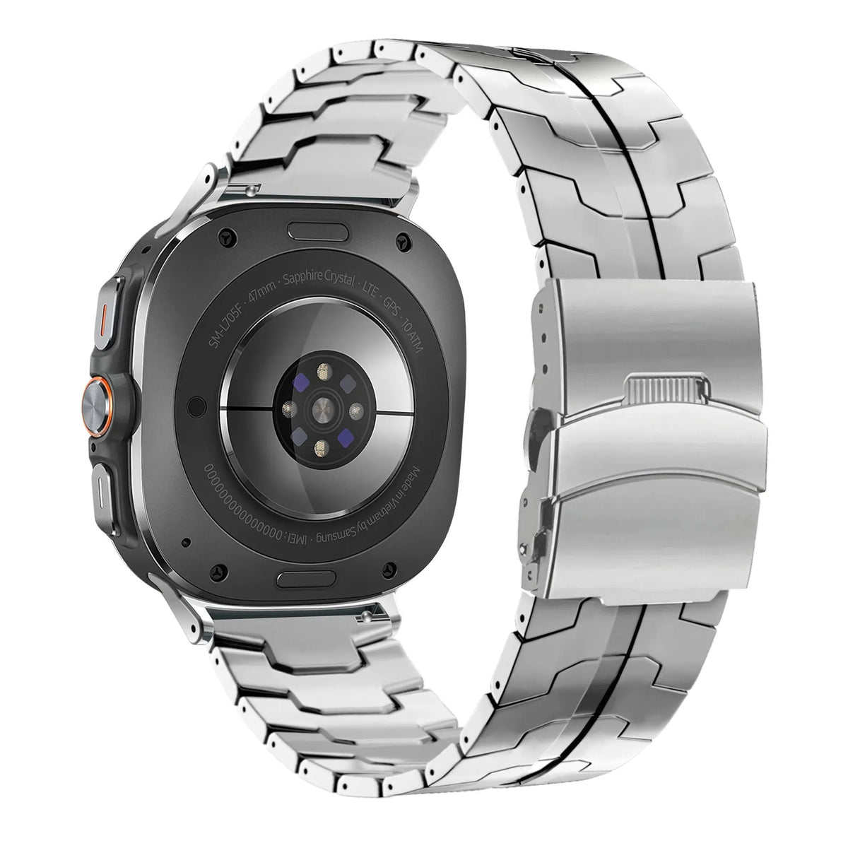 Titanium Strap 'Iron', silver, on a watch, 3/4 rear view