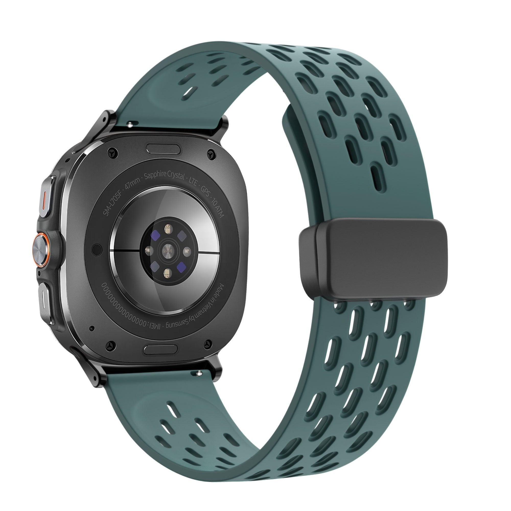 Silicone D-Buckle Sport Strap 'Air', viridian, on a watch, 3/4 rear view
