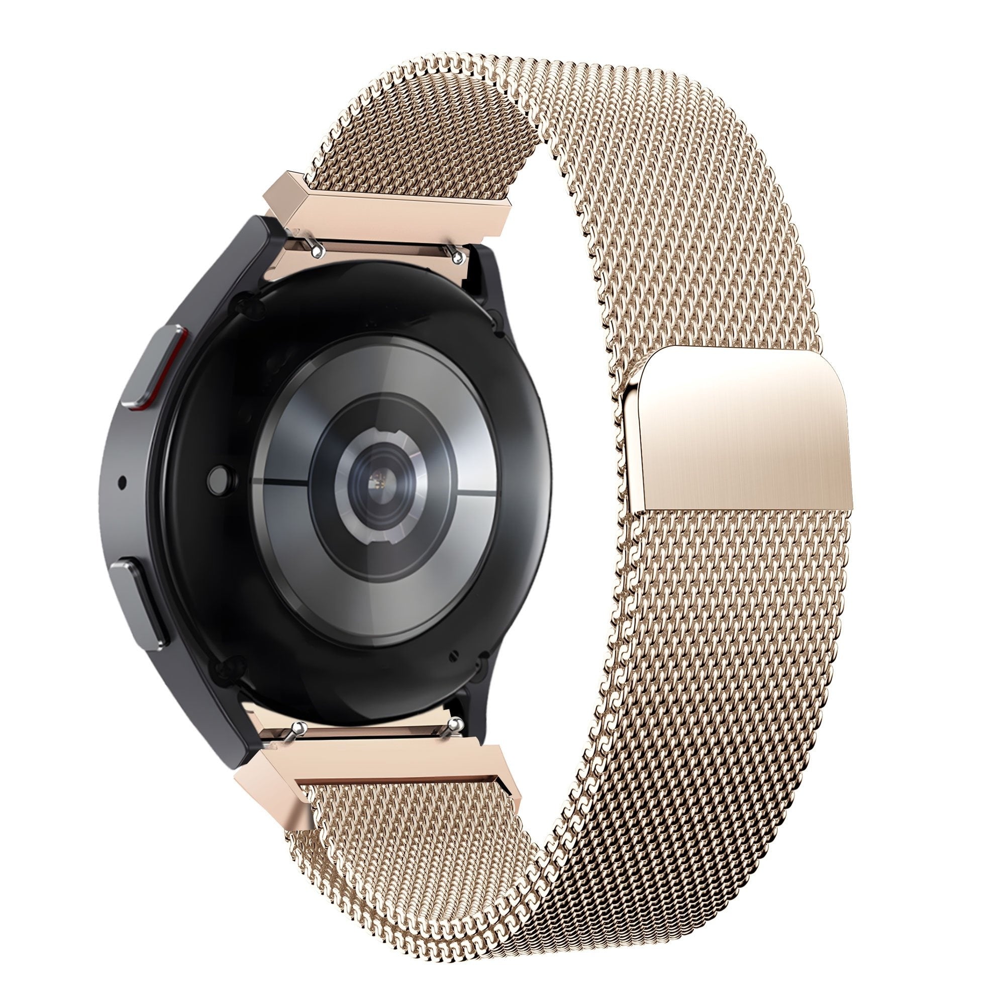 Milanese Loop Strap, rose gold, on a watch, 3/4 rear view