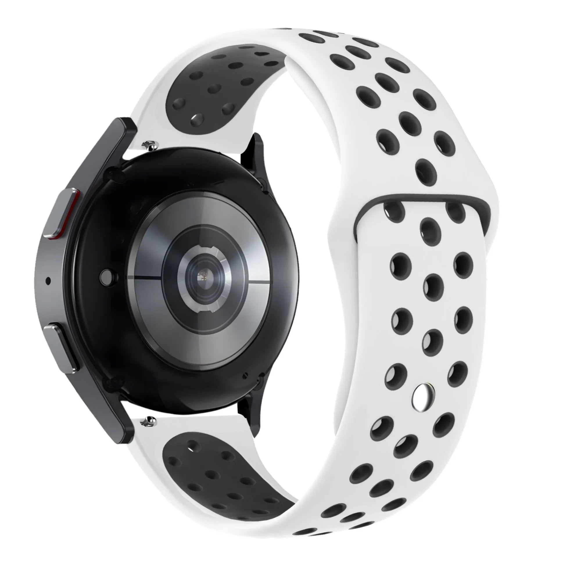 Silicone Sport Strap 'Deluxe', white/black, on a watch, 3/4 rear view