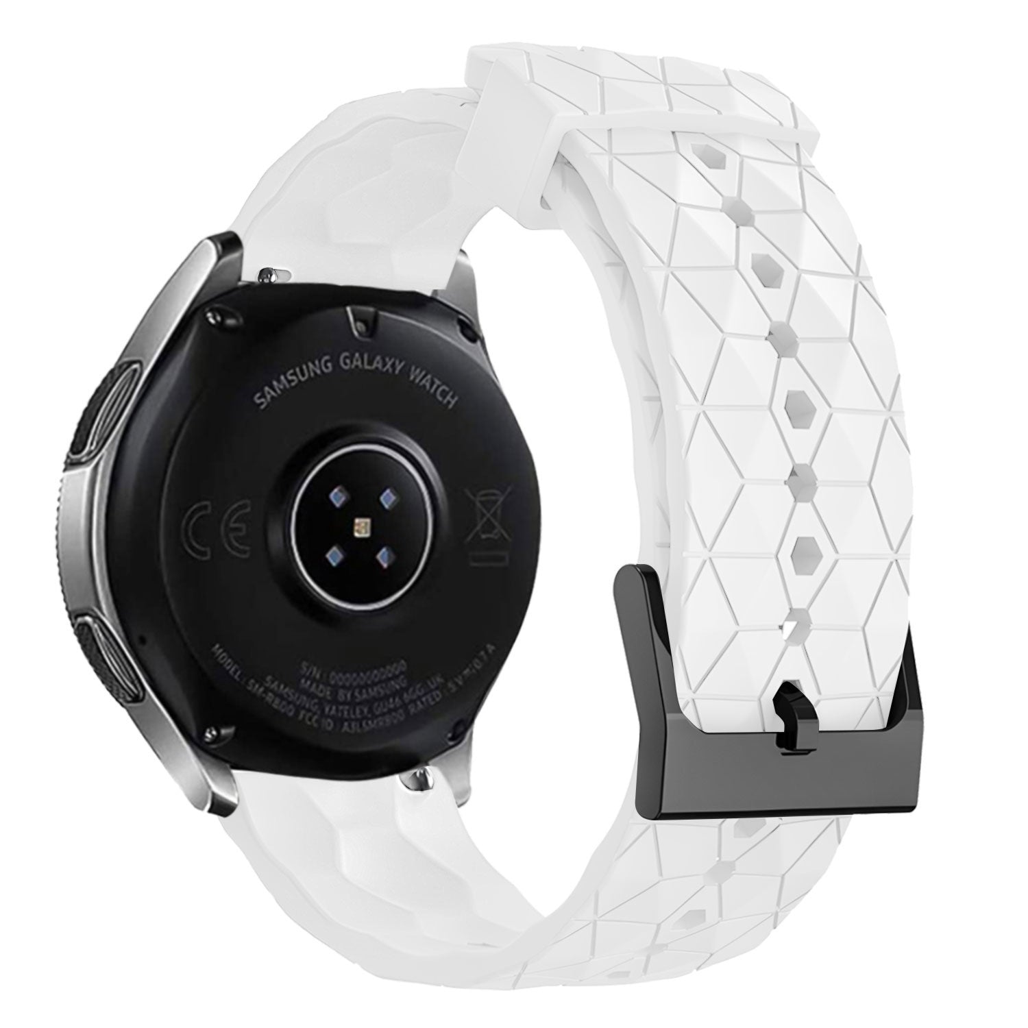 Silicone Strap Hexagons, white, on a watch, 3/4 rear view
