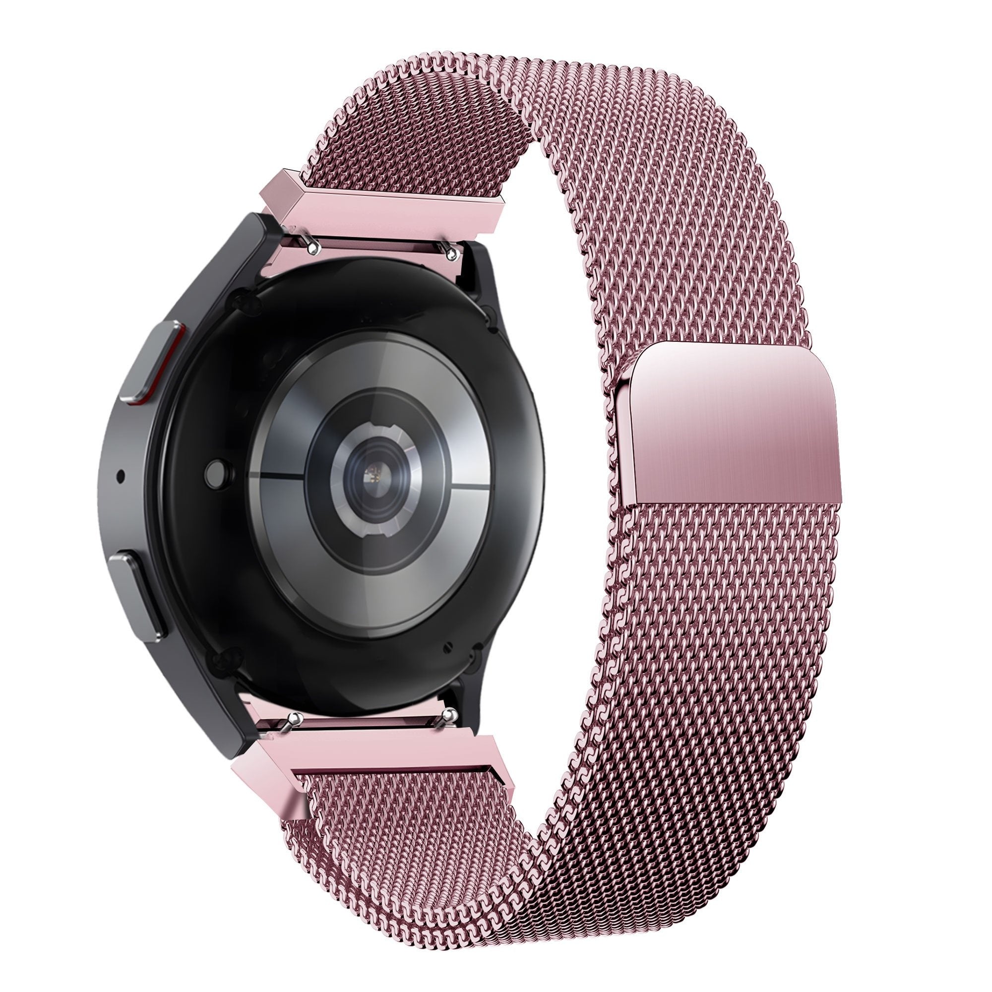 Milanese Loop Strap, pink, on a watch, 3/4 rear view