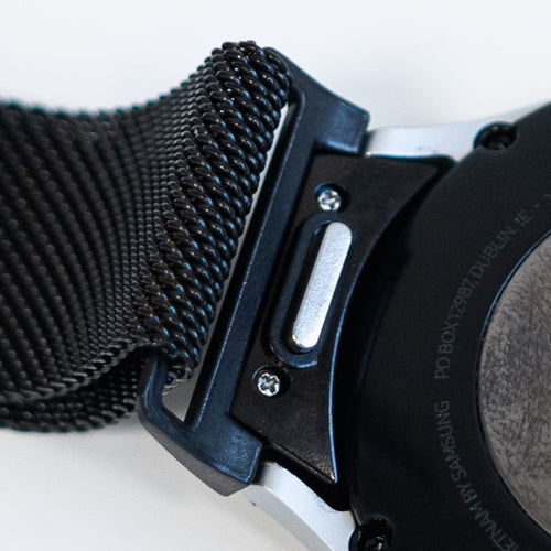 Milanese Strap 'One Push', black, on a watch, 3/4 rear view