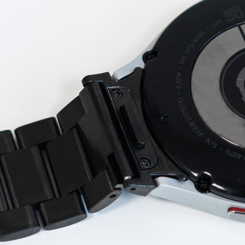 Steel Strap 'One Push', black, on a watch, 3/4 rear view