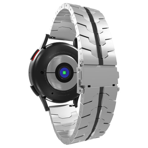 Steel Iron Strap, silver/black, on a watch, 3/4 rear view