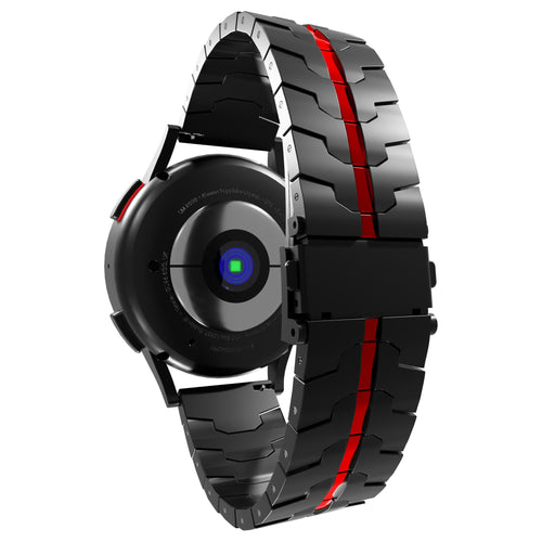 Steel Iron Strap, black/red, on a watch, 3/4 rear view