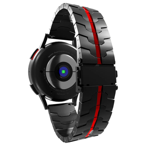 Steel Iron Strap, black/red, on a watch, 3/4 rear view