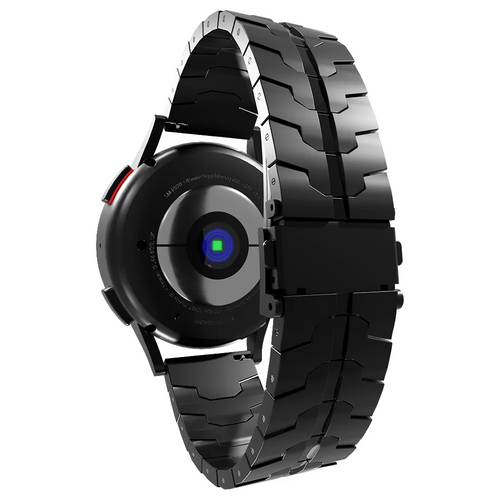Steel Iron Strap, black, on a watch, 3/4 rear view