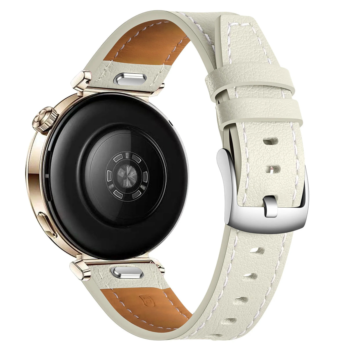 Leather Strap 'One Push', beige, on a watch, 3/4 rear view