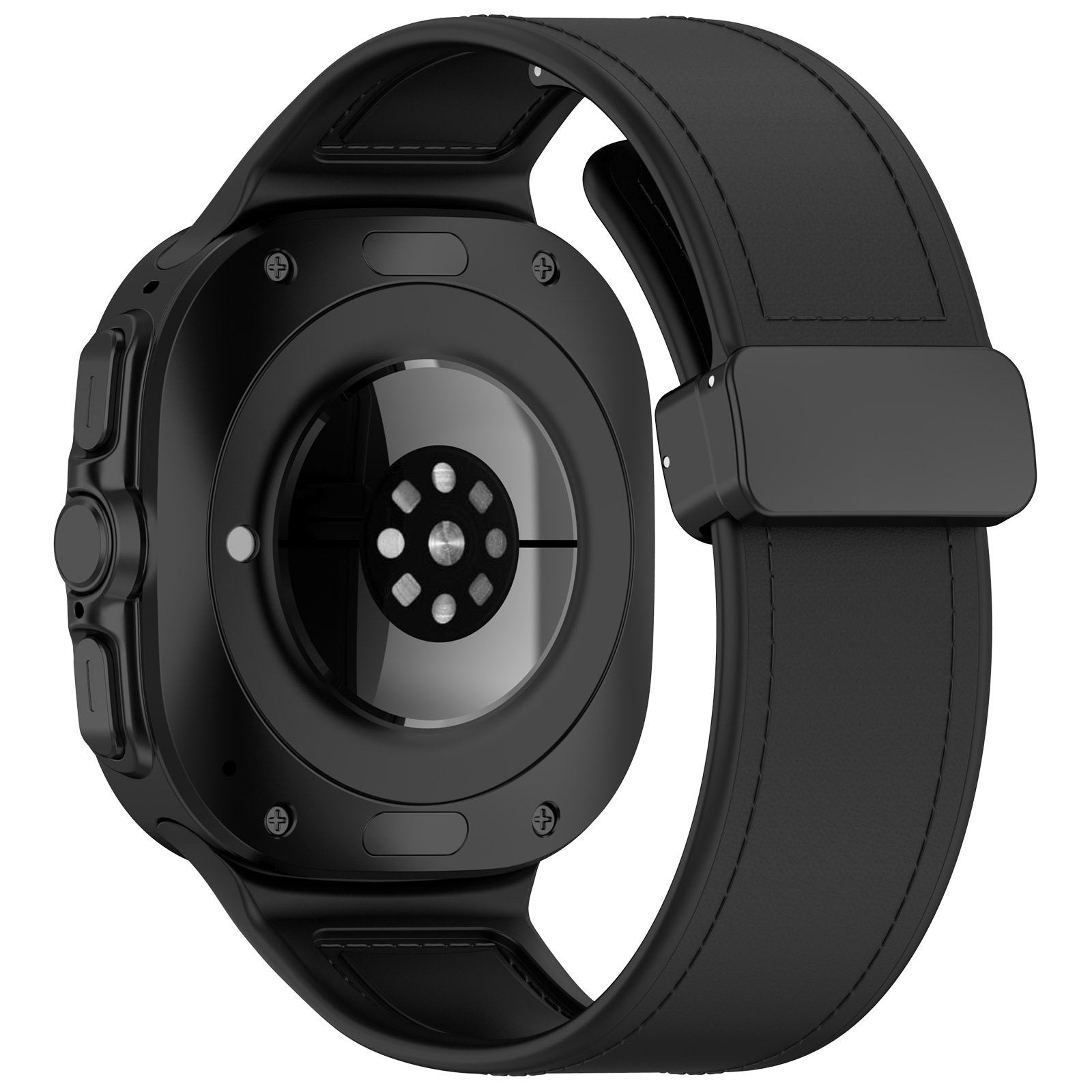 Leather Hybrid Strap, black, on a watch, 3/4 rear view