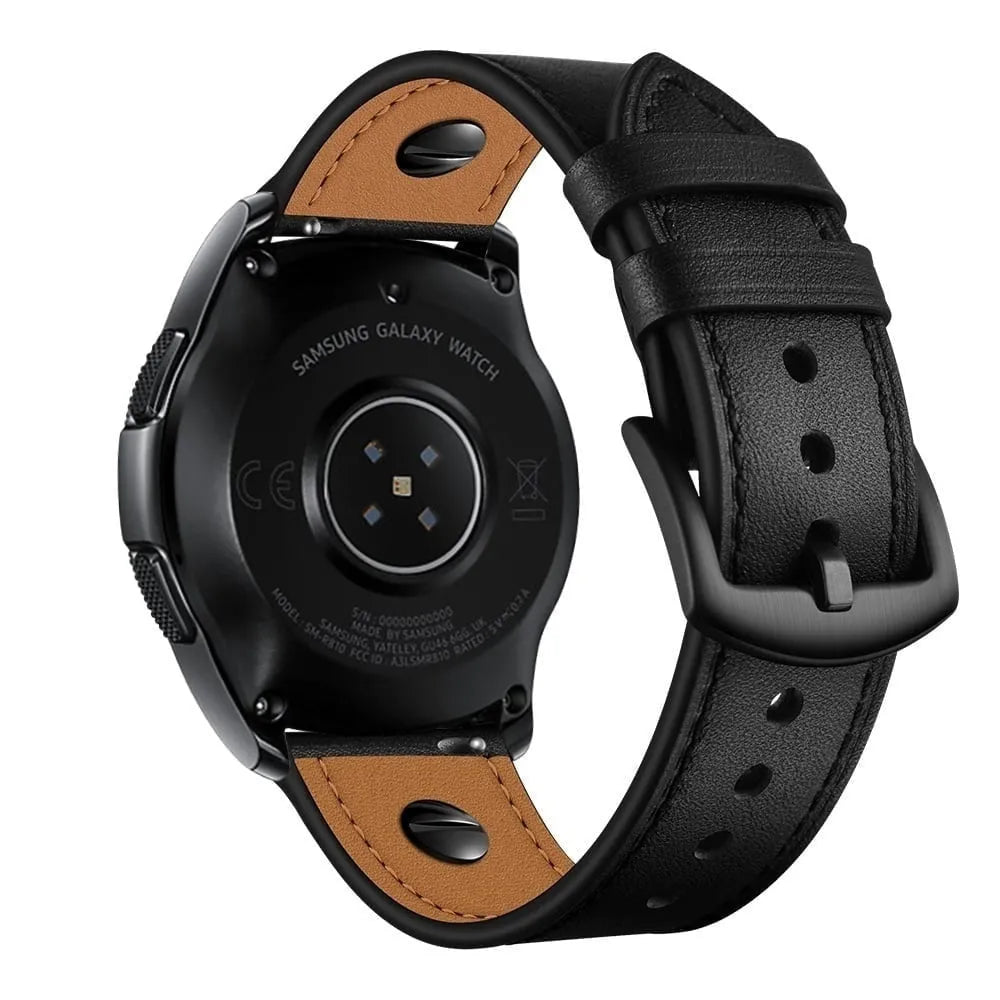 Leather Strap with Screw, black, on a watch, 3/4 rear view