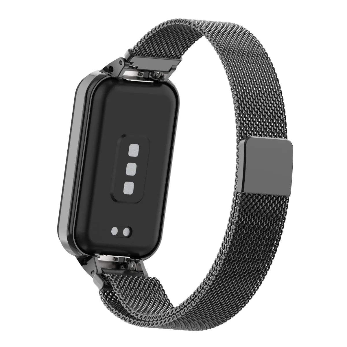 Milanese Strap, black, on a watch, 3/4 rear view