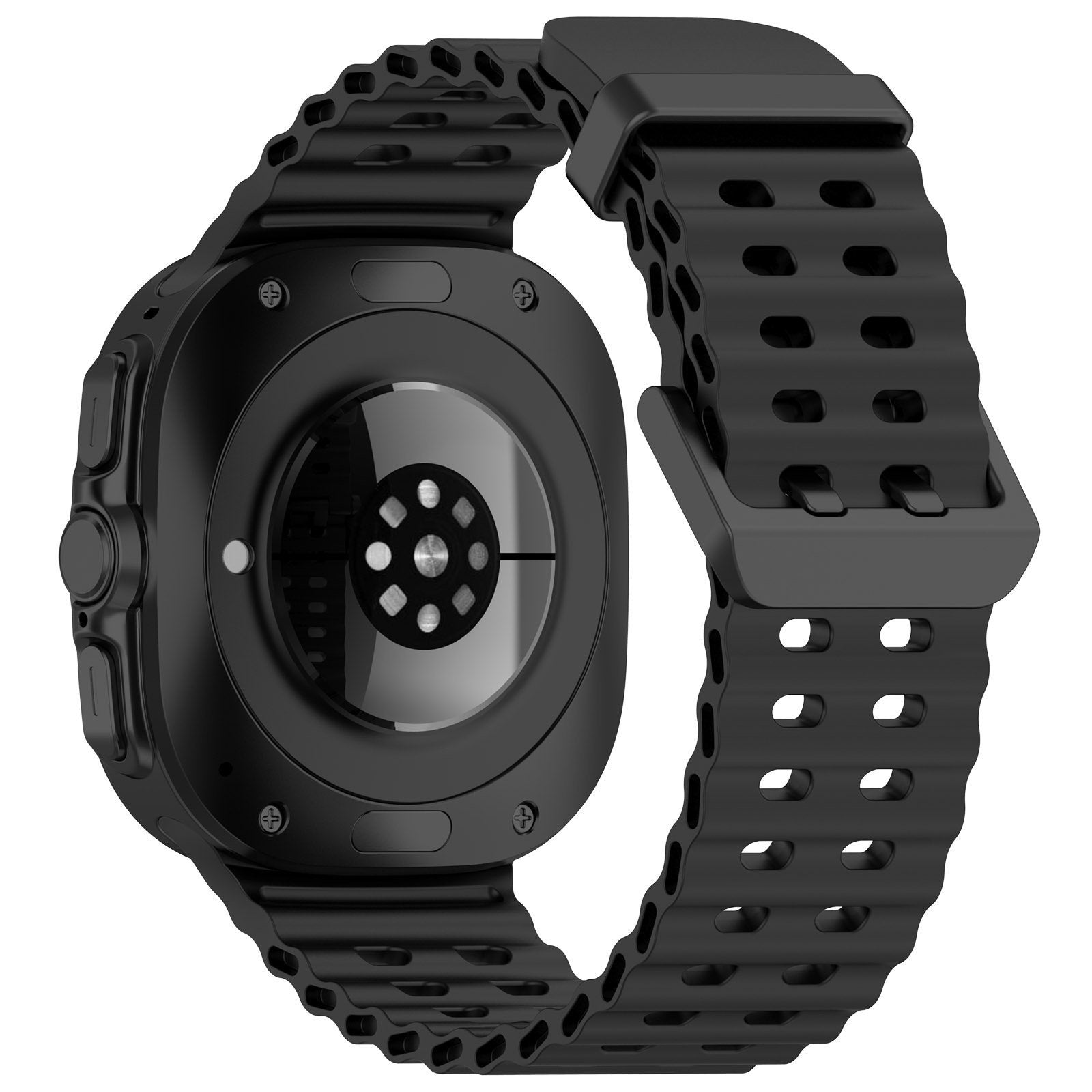 Silicone Ocean Strap, black, on a watch, 3/4 rear view