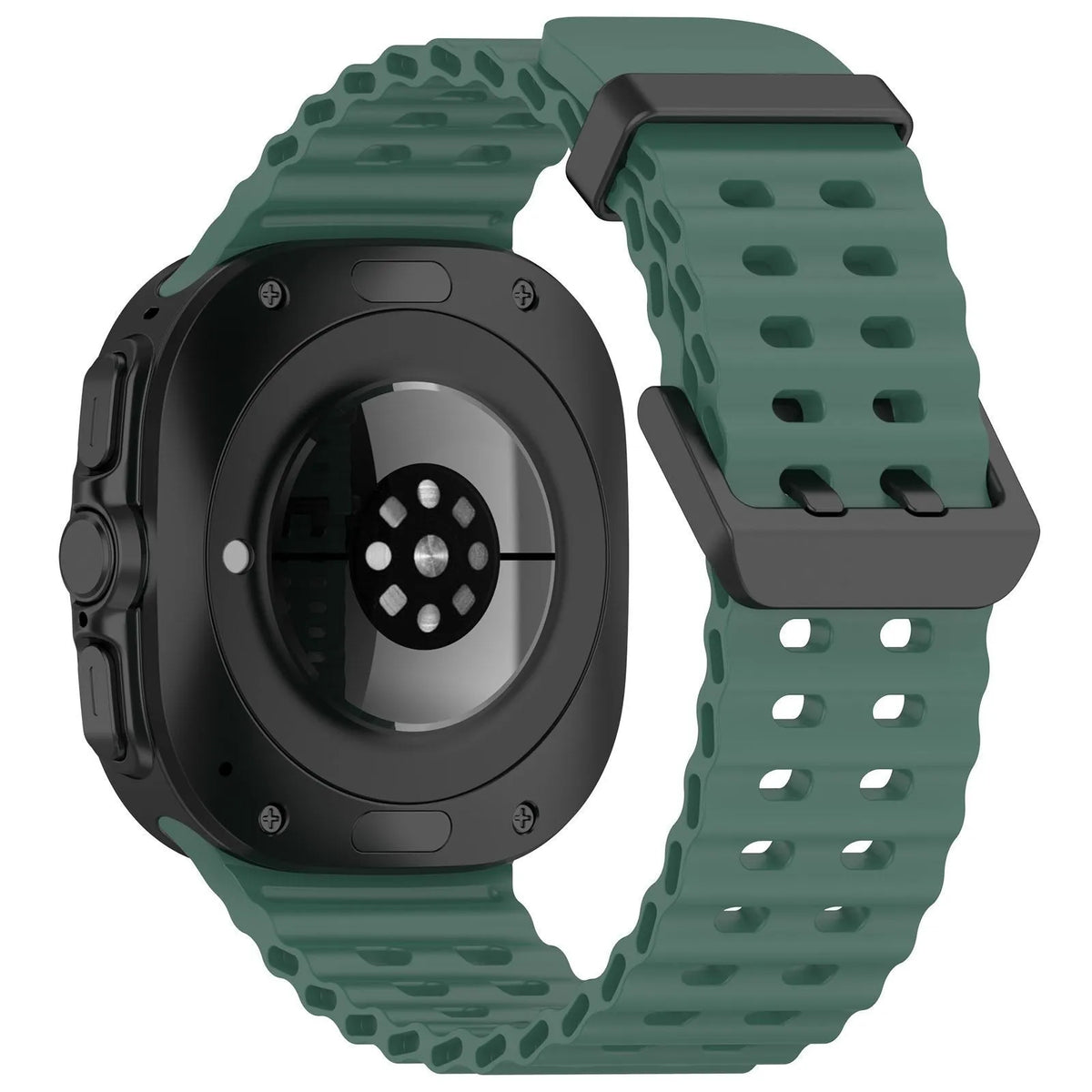 Silicone Ocean Strap, dark green, on a watch, 3/4 rear view