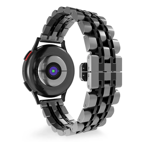 Steel Link Strap 'Duo', silver/black, on a watch, 3/4 rear view