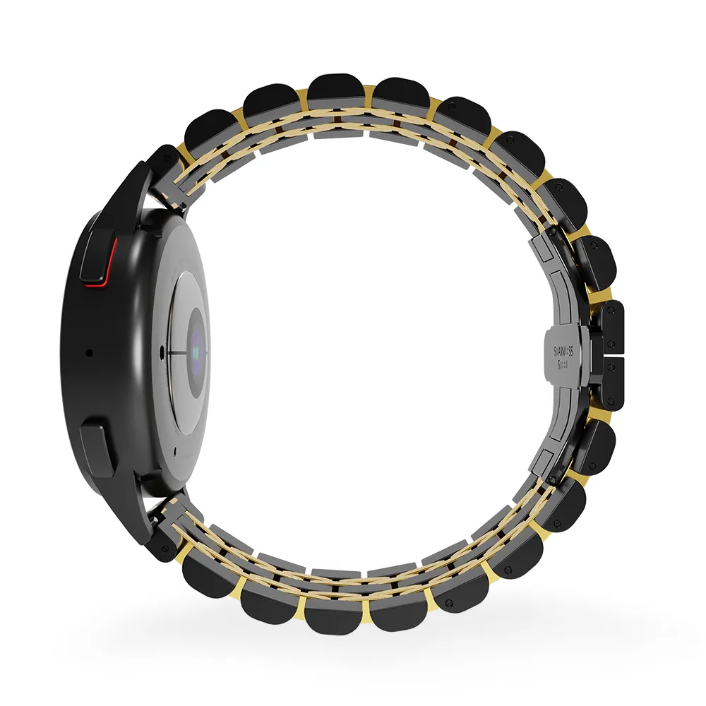 Steel Link Strap 'Duo', black/gold, on a watch, 3/4 rear view