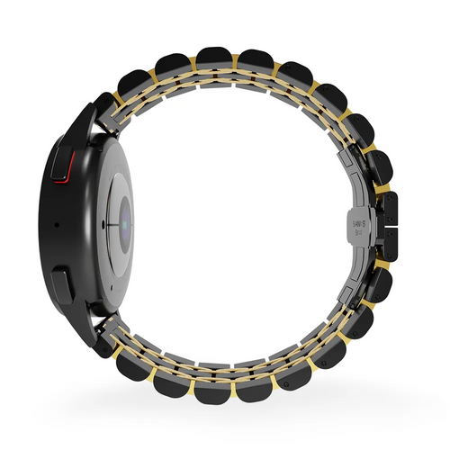 Steel Link Strap 'Duo', black/gold, on a watch, 3/4 rear view