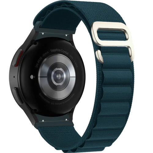 Alpine Nylon Strap, blue, on a watch, 3/4 rear view