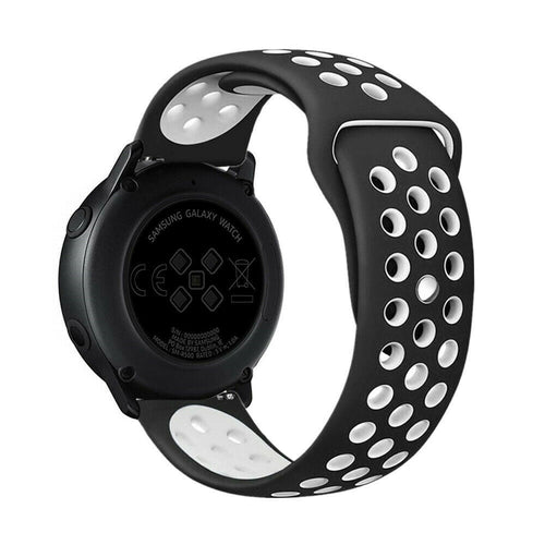 Silicone Sport Strap, black/white, on a watch, 3/4 rear view