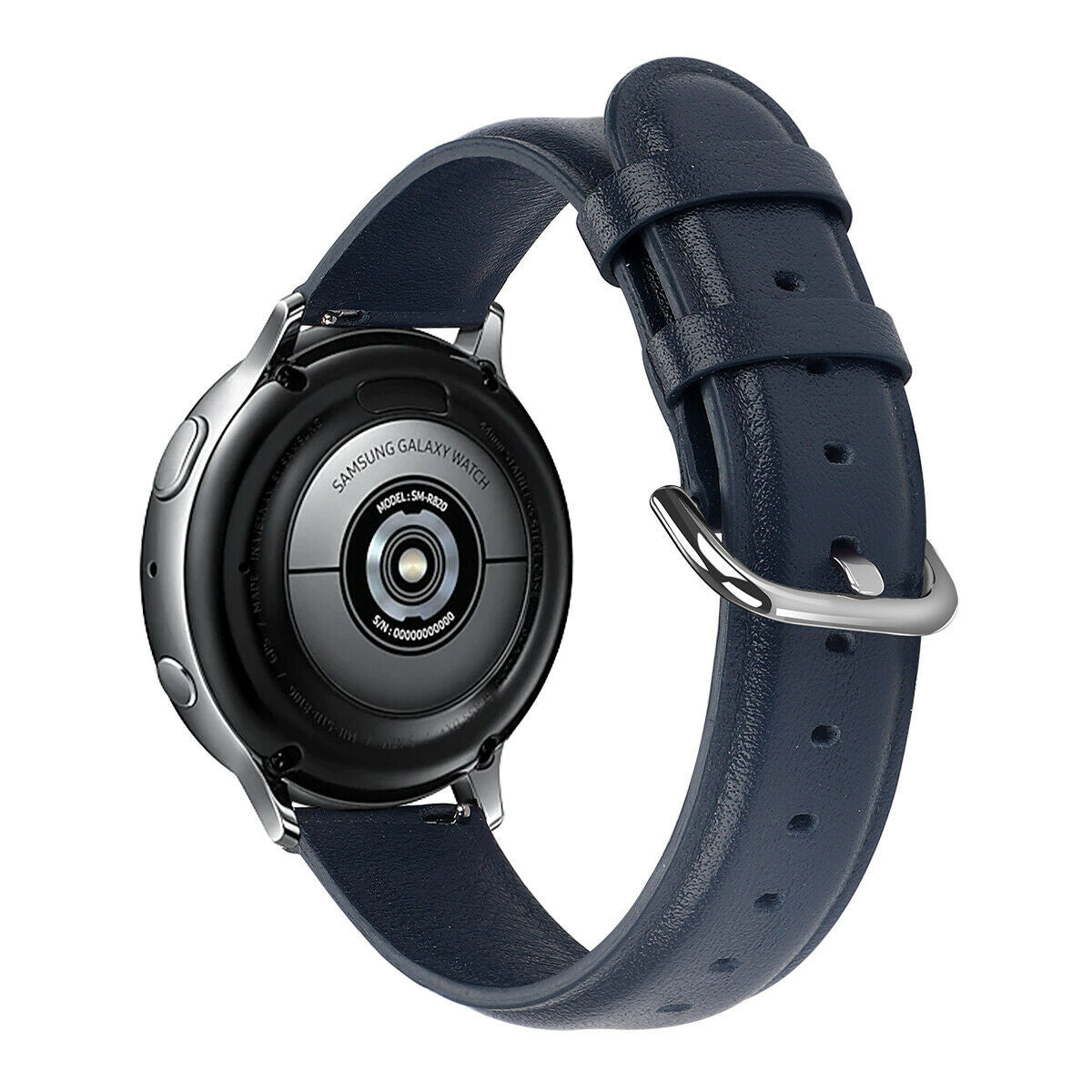 Leather Strap, dark blue, on a watch, 3/4 rear view