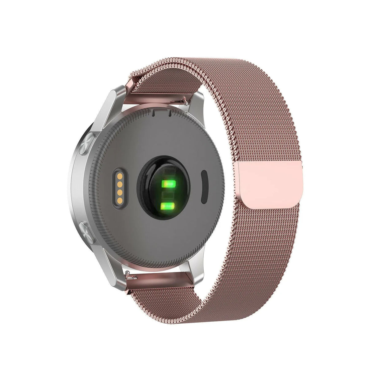 Milanese Strap, pink, on a watch, 3/4 rear view