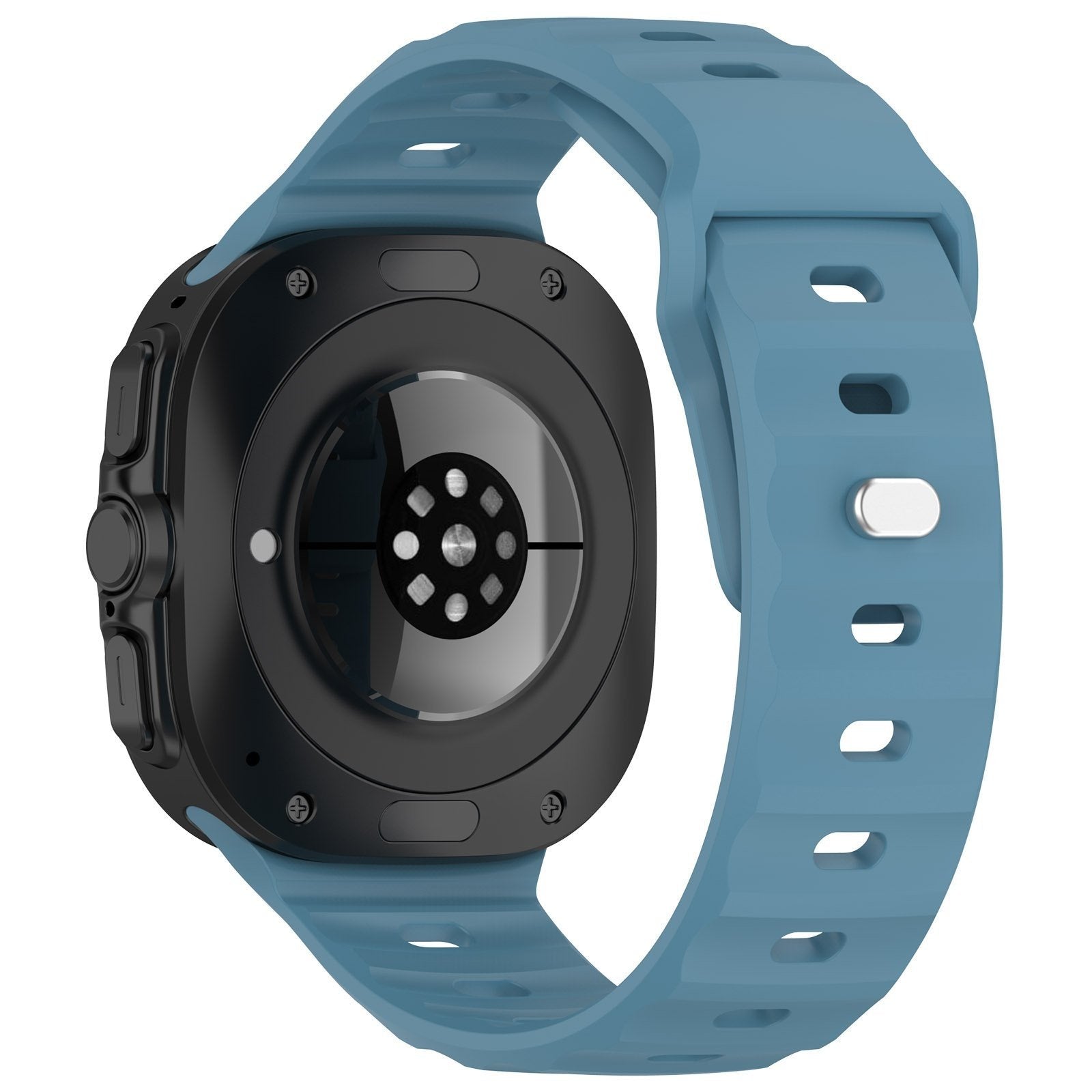 Outdoor Silicone Strap, grey-blue, on a watch, 3/4 rear view