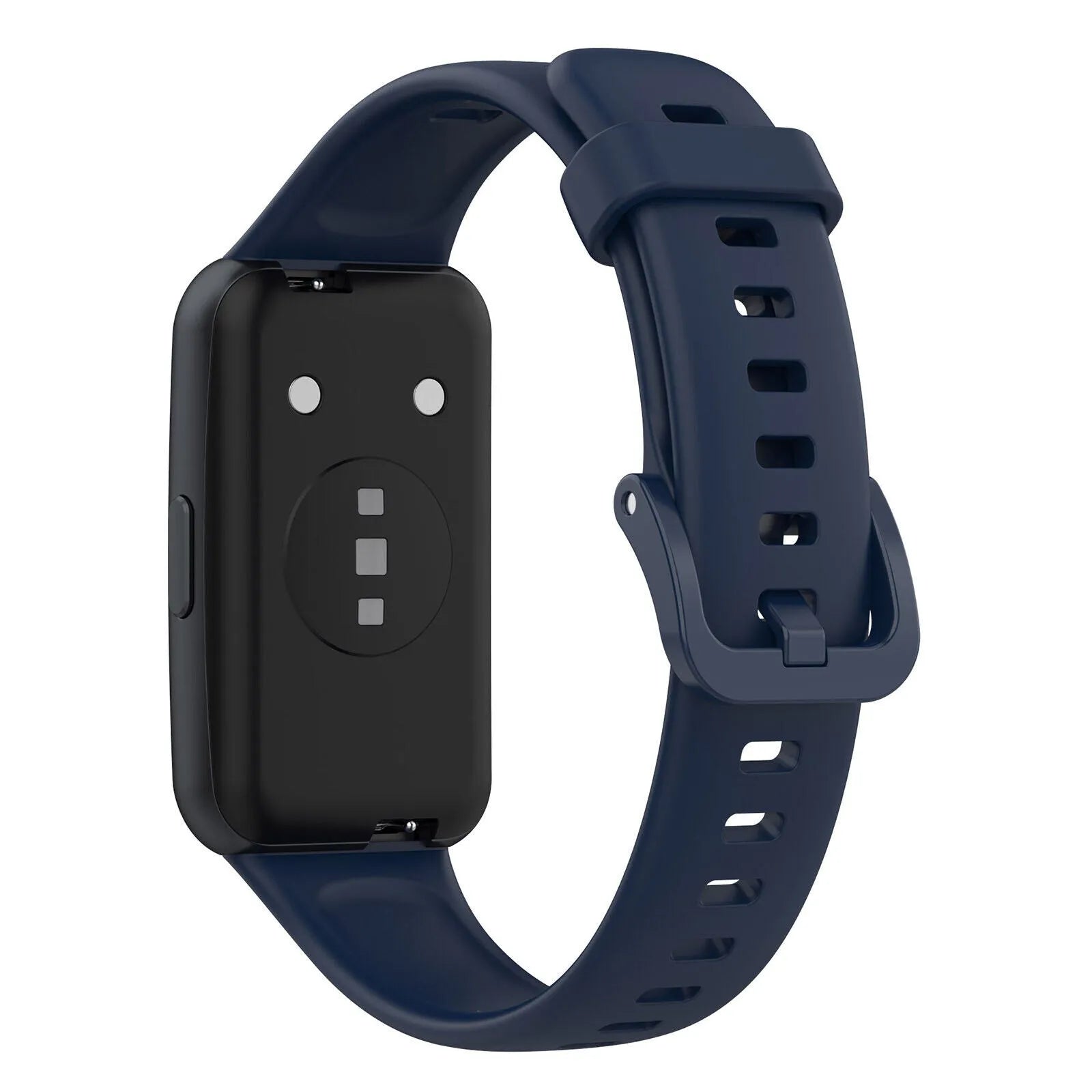 Silicone Strap, dark blue, on a watch, 3/4 rear view