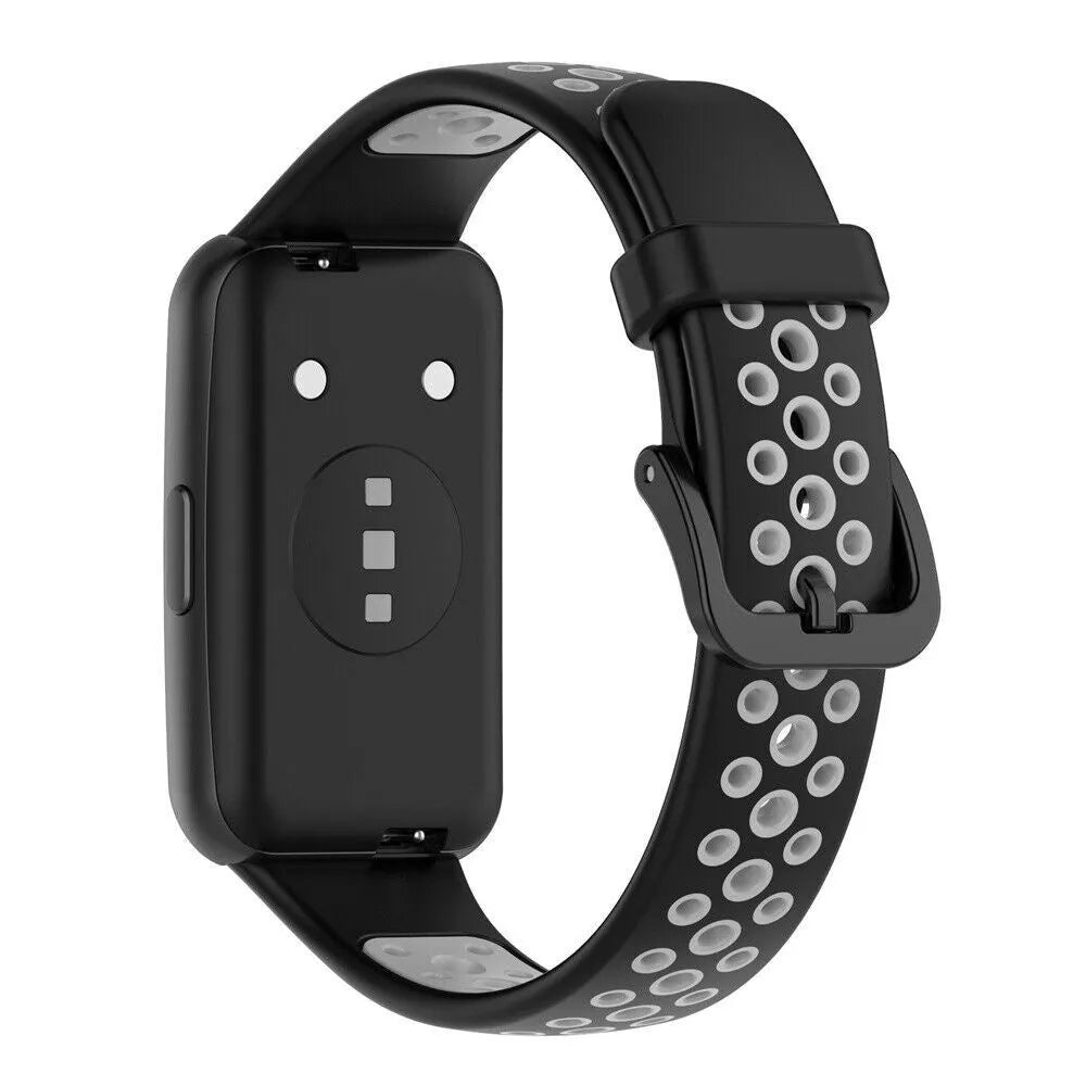 Silicone Sport Strap, black/grey, on a watch, 3/4 rear view