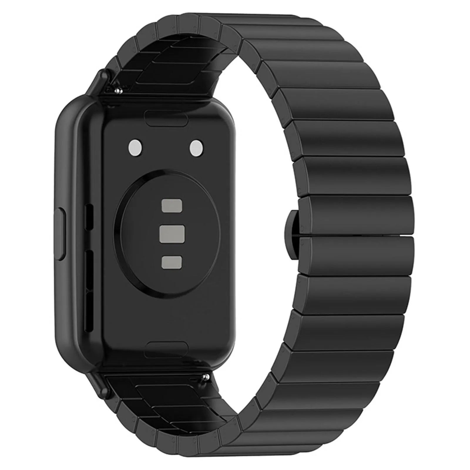 Metal Strap, black, on a watch, 3/4 rear view