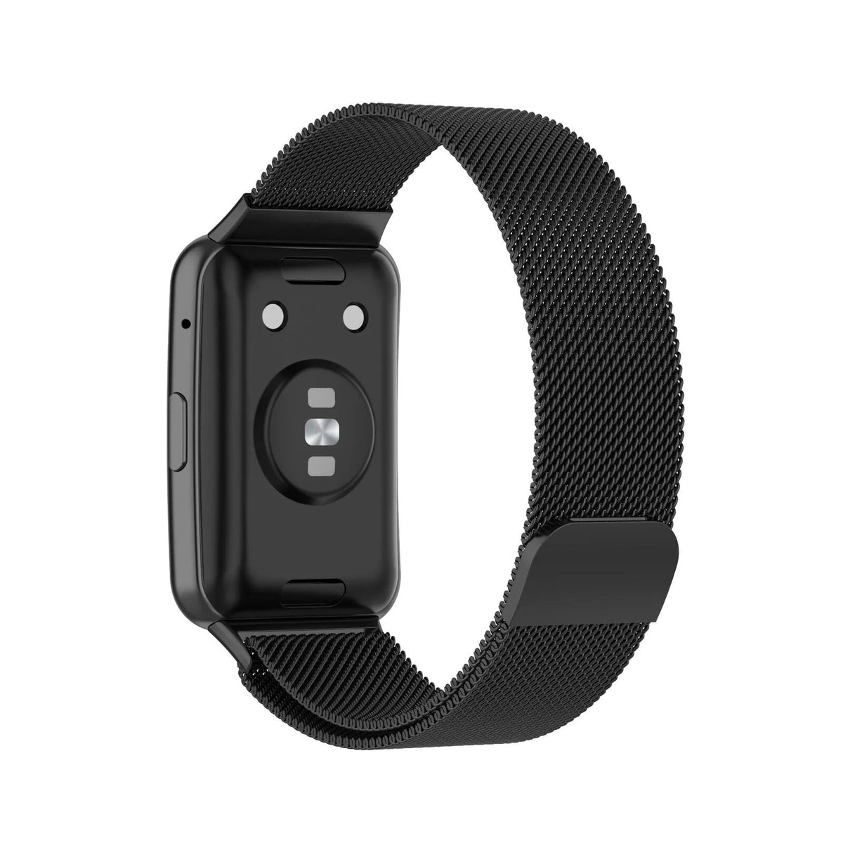 Milanese Strap, black, on a watch, 3/4 rear view