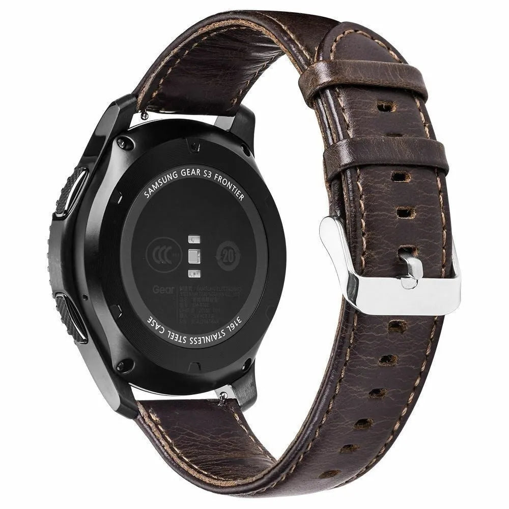Leather Strap, dark brown, on a watch, 3/4 rear view