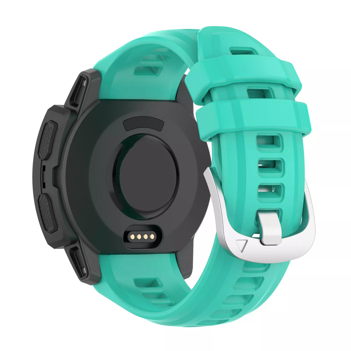 Silicone Strap, aqua, on a watch, 3/4 rear view