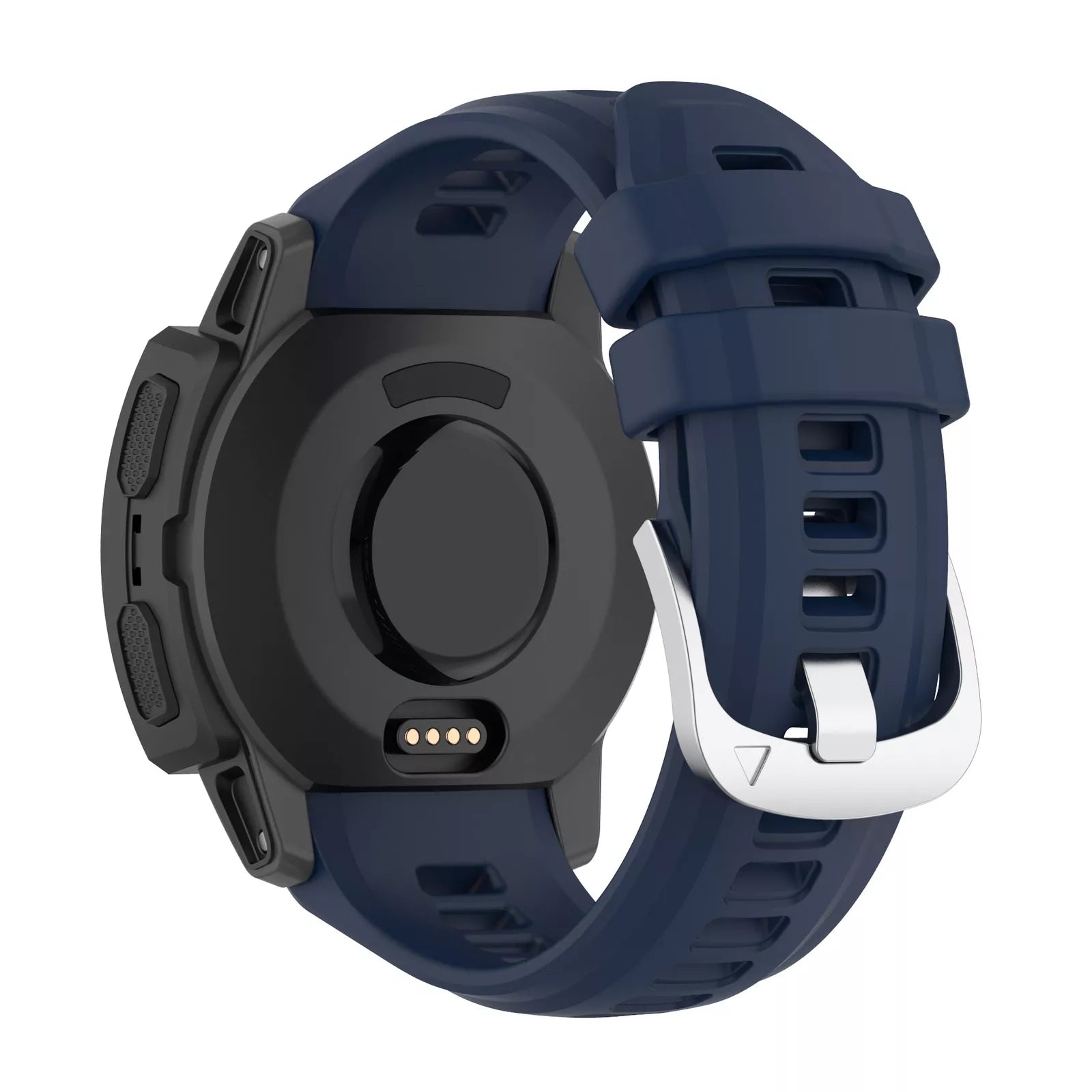 Silicone Strap, dark blue, on a watch, 3/4 rear view
