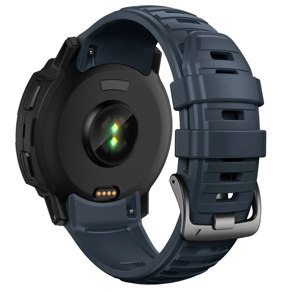 Silicone Strap, dark blue, on a watch, 3/4 rear view