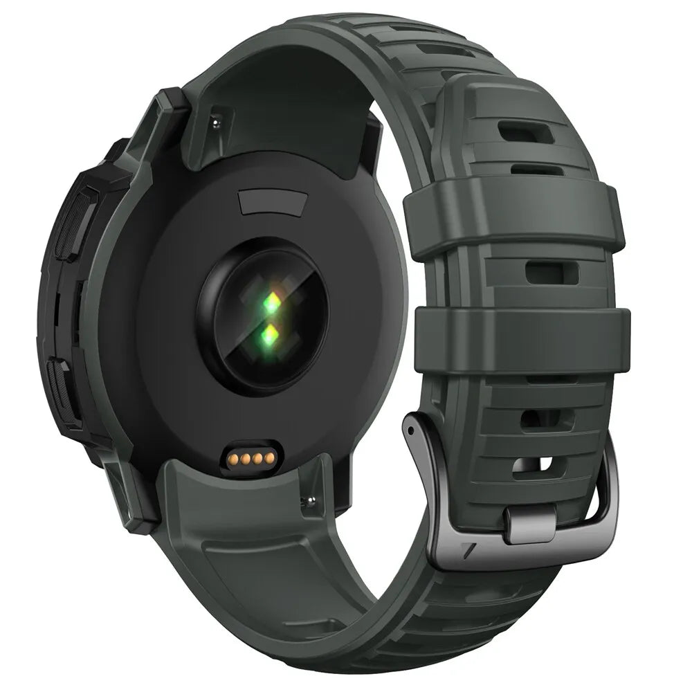 Silicone Strap, dark green, on a watch, 3/4 rear view