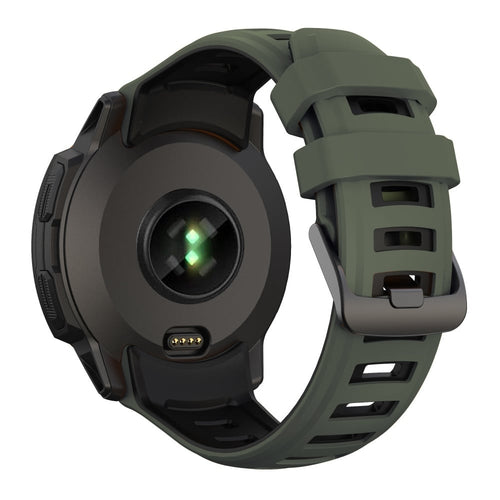 Silicone Sport Strap, dark green/black, on a watch, 3/4 rear view