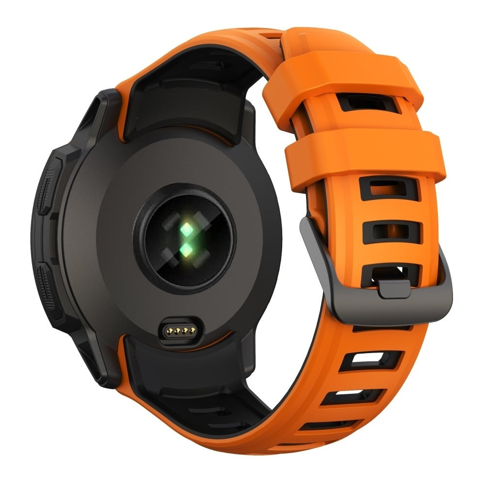 Silicone Sport Strap, orange/black, on a watch, 3/4 rear view