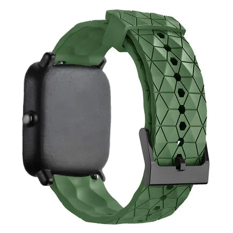 Silicone Strap Hexagons, army green, on a watch, 3/4 rear view
