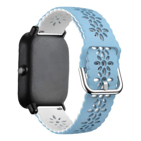 Patterned Silicone Strap, light blue/white, on a watch, 3/4 rear view