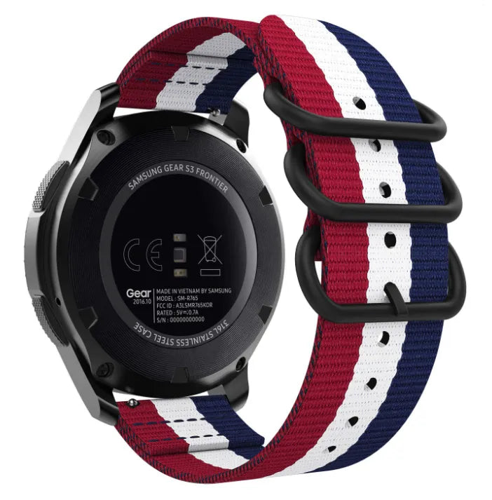 Nylon Buckle Strap, tricolour, on a watch, 3/4 rear view