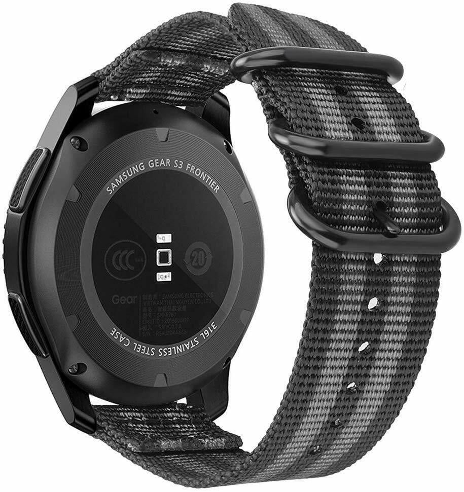 Nylon Buckle Strap, black/grey, on a watch, 3/4 rear view