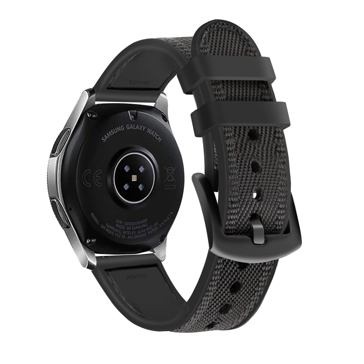 Nylon Hybrid Strap, black, on a watch, 3/4 rear view