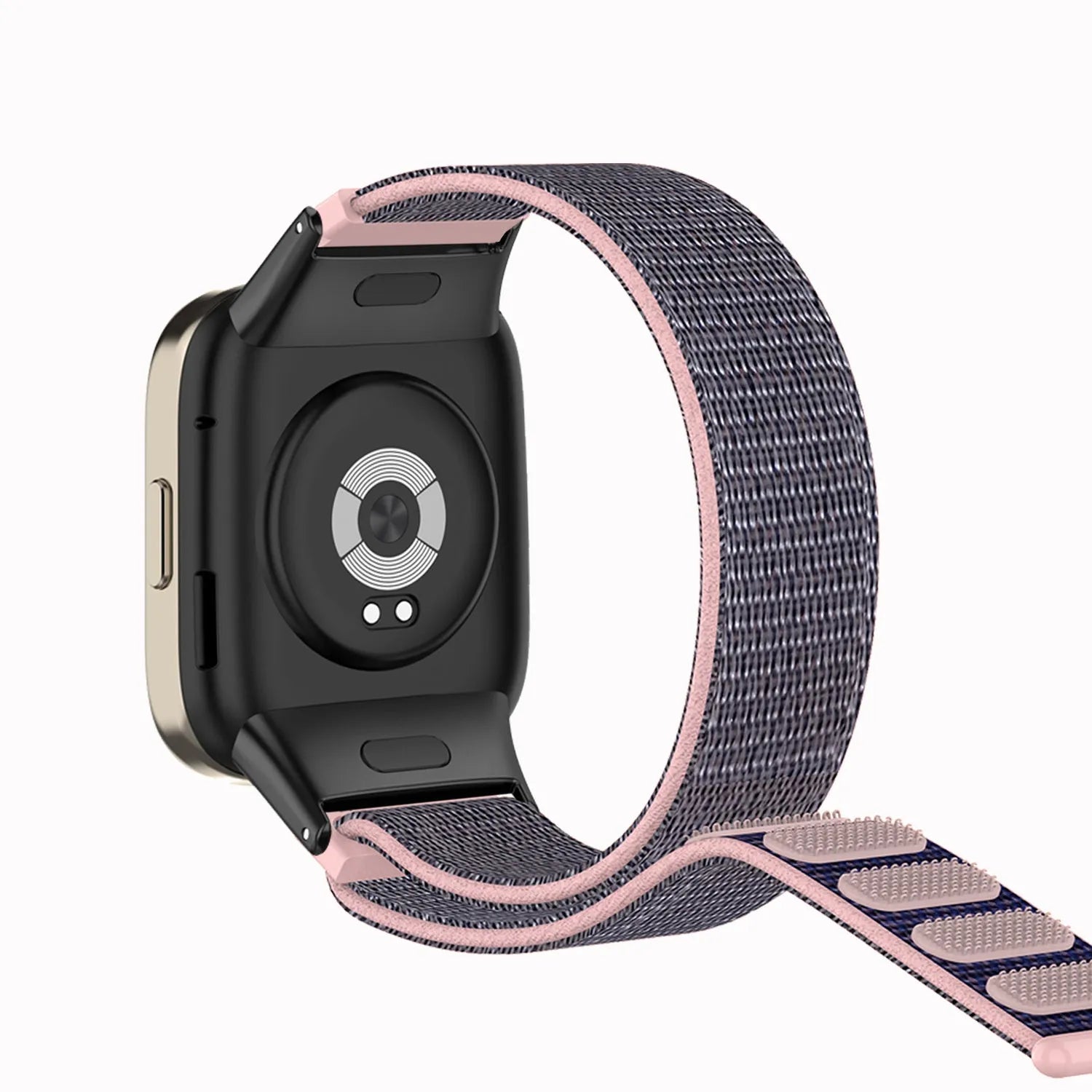 Nylon Strap, pink, on a watch, 3/4 rear view