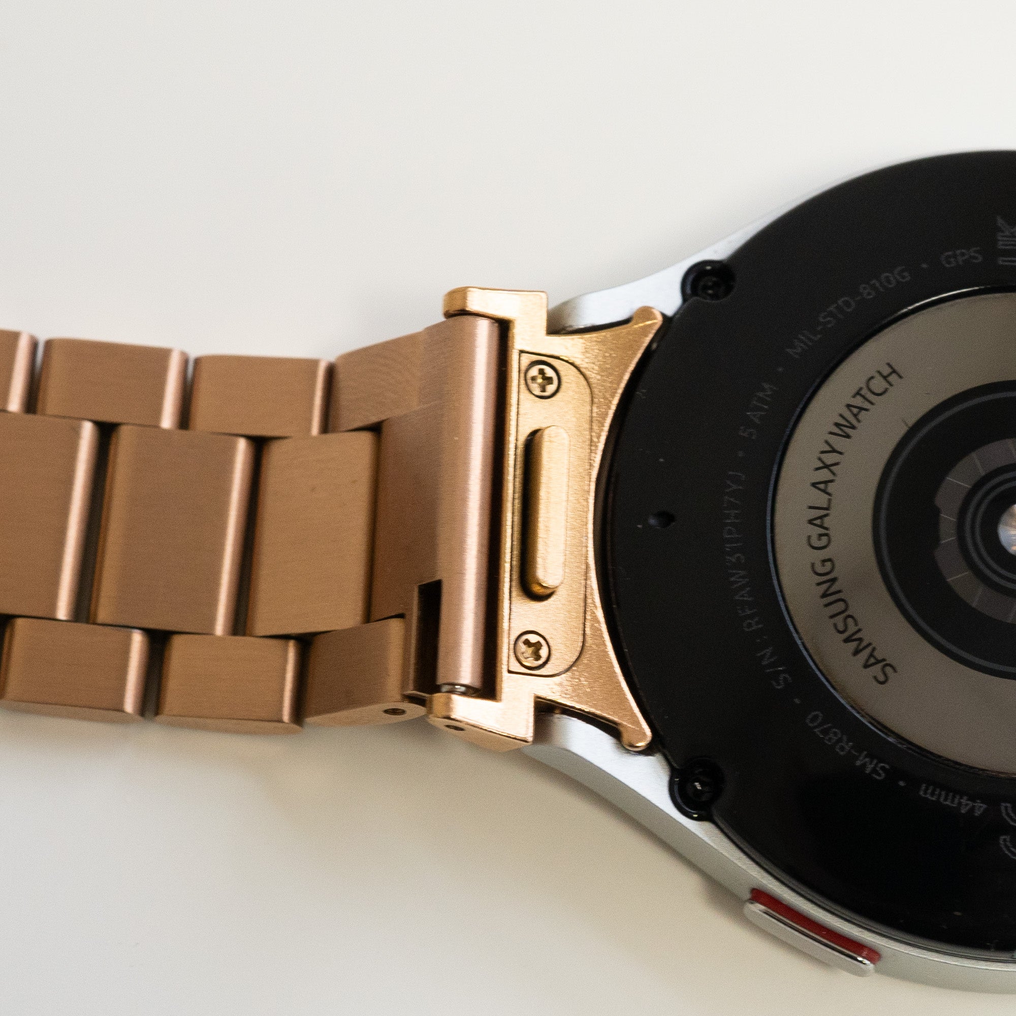 Steel Strap 'One Push', rose gold, on a watch, 3/4 rear view