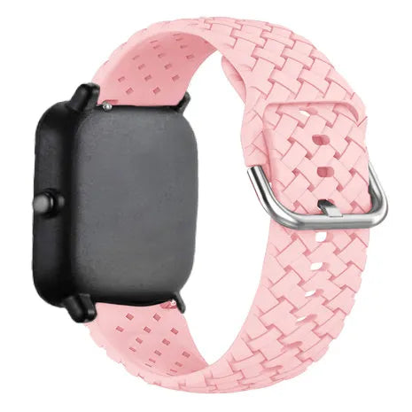 Braided Silicone Strap, pink, on a watch, 3/4 rear view